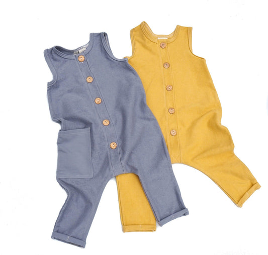 BALI romper s knoflíky - hořčicová a šedá - BOXXkids CZ