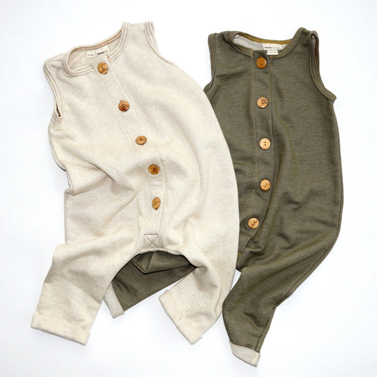 BALI romper s knoflíky - vanila a olivová - BOXXkids CZ